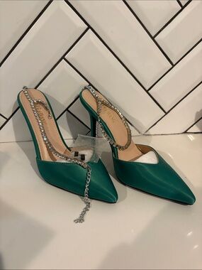 Elegant Teal Satin Pointed-Toe Heels with Crystal Strap